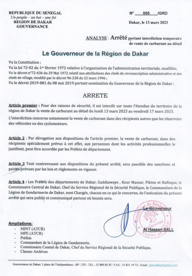 Le gouverneur de Dakar interdit la vente de carburant au détail jusqu'au vendredi Le gouverneur de Dakar interdit la vente de carburant au détail jusqu'au vendredi