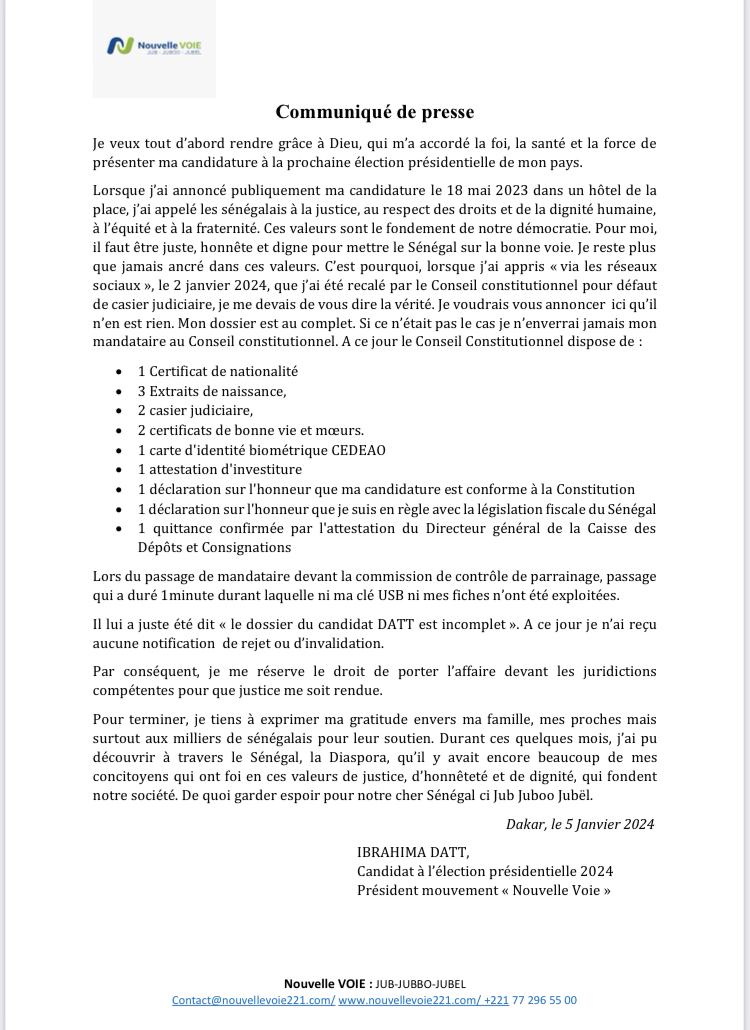 Le candidat Ibrahima Datt, ajourné pour défaut de casier judiciaire.