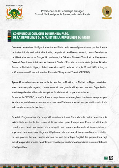 Le Mali, le Niger et le Burkina Faso quittent la Cédéao "sans délai"