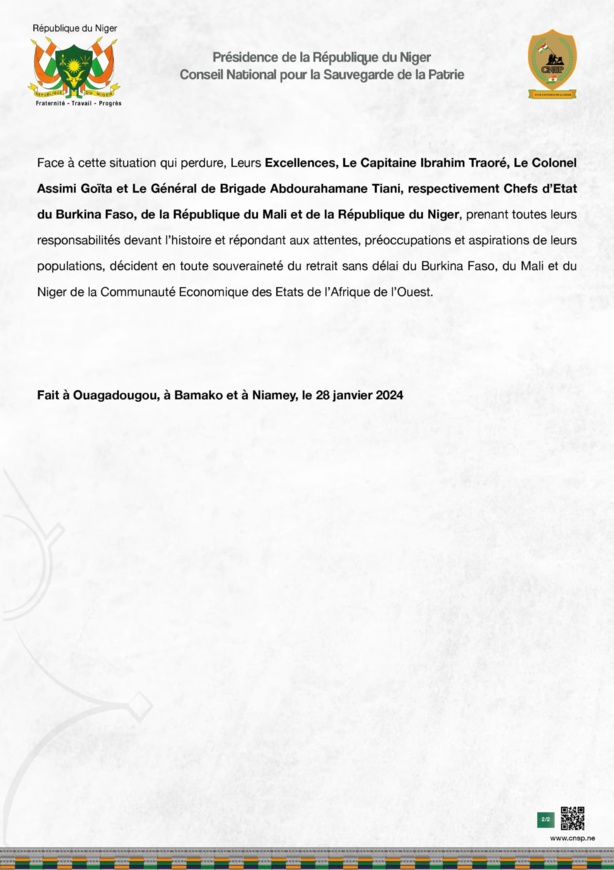 Le Mali, le Niger et le Burkina Faso quittent la Cédéao "sans délai" Le Mali, le Niger et le Burkina Faso quittent la Cédéao "sans délai"