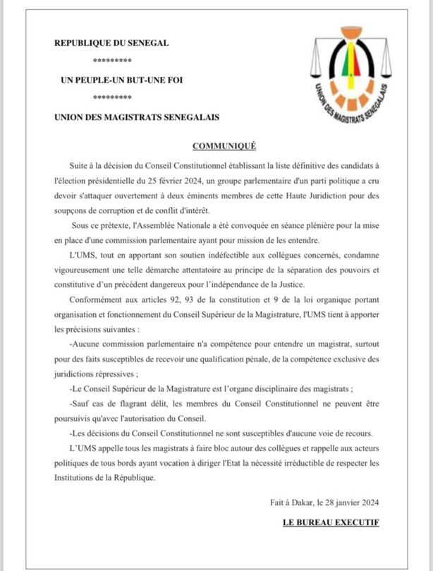 Enquête parlementaire contre des membres du Conseil Constitutionnel : Outrée, l’UMS sort de ses gonds Enquête parlementaire contre des membres du Conseil Constitutionnel : Outrée, l’UMS sort de ses gonds