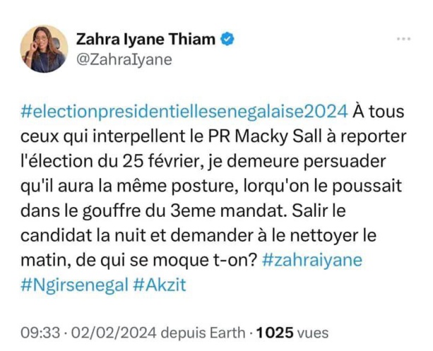 Présidentielle 2024 : Zahra Iyane Thiam contre toute idée de report Présidentielle 2024 : Zahra Iyane Thiam contre toute idée de report