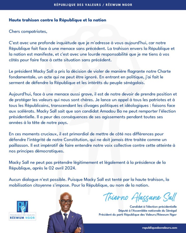Thierno Alassane Sall accuse Macky Sall de "haute trahison" Thierno Alassane Sall accuse Macky Sall de "haute trahison"