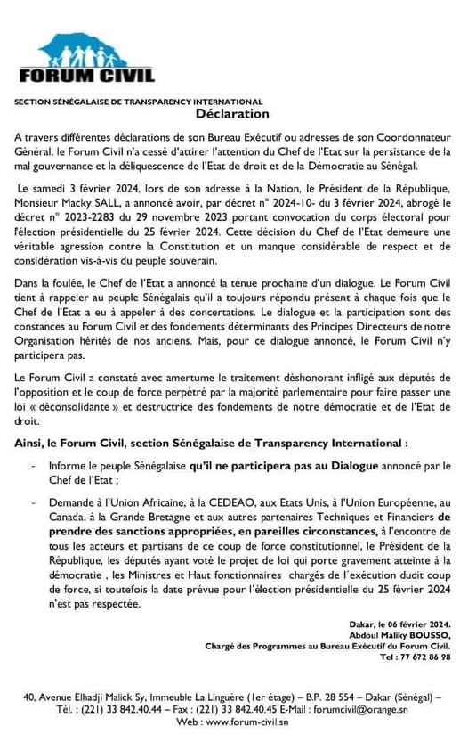 Report présidentielle : Le Forum Civil rejette toute idée de participation au dialogue