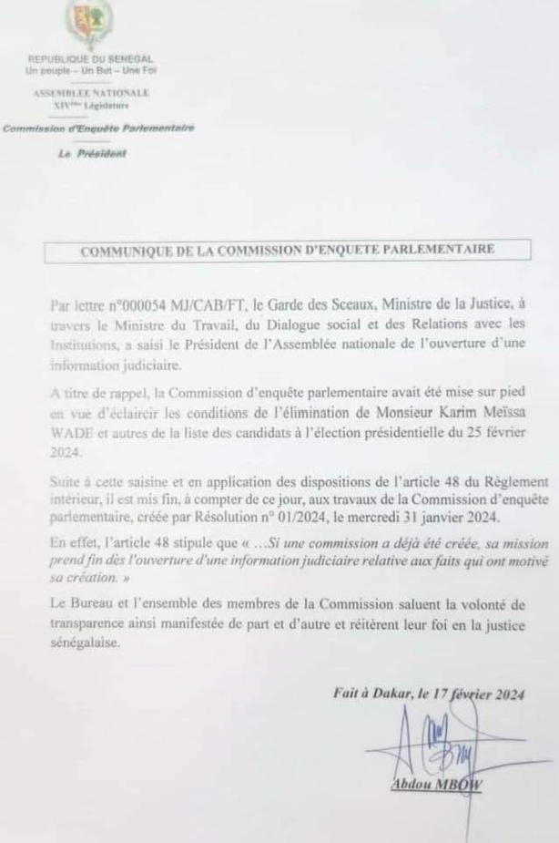 Soupçon de corruption contre des juges du CC : Abdou Mbow annonce la fin de la commission parlementaire (DOCUMENT) Soupçon de corruption contre des juges du CC : Abdou Mbow annonce la fin de la commission parlementaire (DOCUMENT)