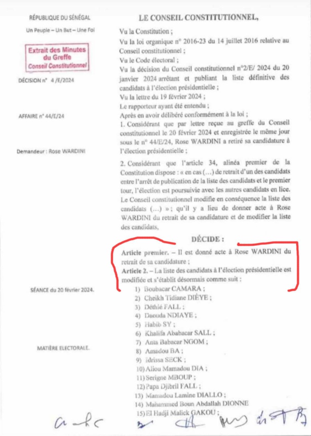 Le conseil constitutionnel valide le retrait de la candidature de Rose Wardini (DOCUMENT) Le conseil constitutionnel valide le retrait de la candidature de Rose Wardini (DOCUMENT)
