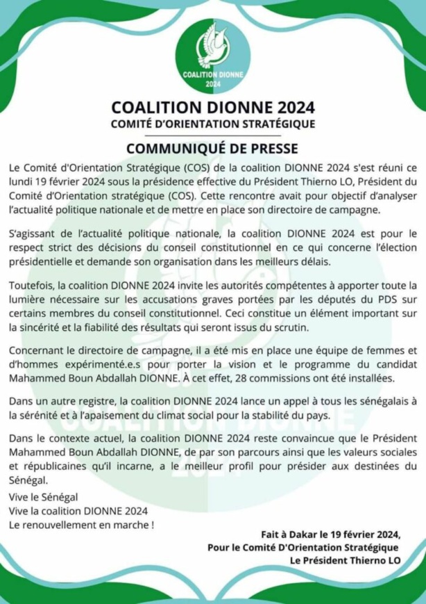 Présidentielle 2024 : La Coalition Dionne 2024 exige la tenue de l’élection Présidentielle 2024 : La Coalition Dionne 2024 exige la tenue de l’élection