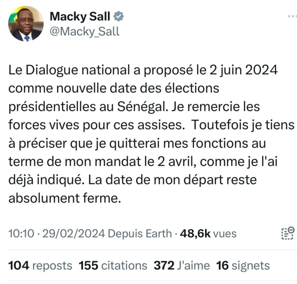 Macky Sall : «Mon départ le 2 avril reste absolument ferme» Macky Sall : «Mon départ le 2 avril reste absolument ferme»