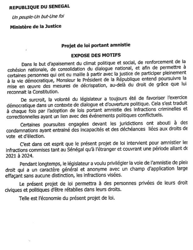 Projet de loi d'amnistie : Voici les motivations du Président de la République (DOCUMENT) Projet de loi d'amnistie : Voici les motivations du Président de la République (DOCUMENT)