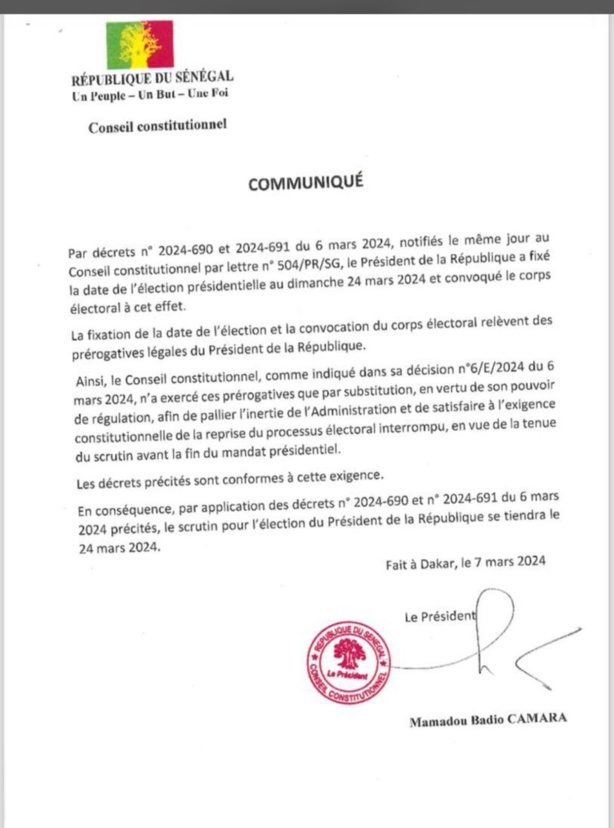 Date de la présidentielle : Le Conseil constitutionnel officialise la date du 24 mars Date de la présidentielle : Le Conseil constitutionnel officialise la date du 24 mars