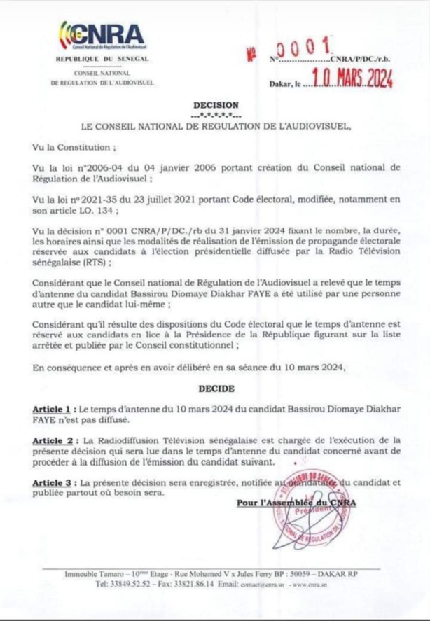 RTS : Le CNRA bloque le temps d'antenne du candidat Bassirou Diomaye Faye 