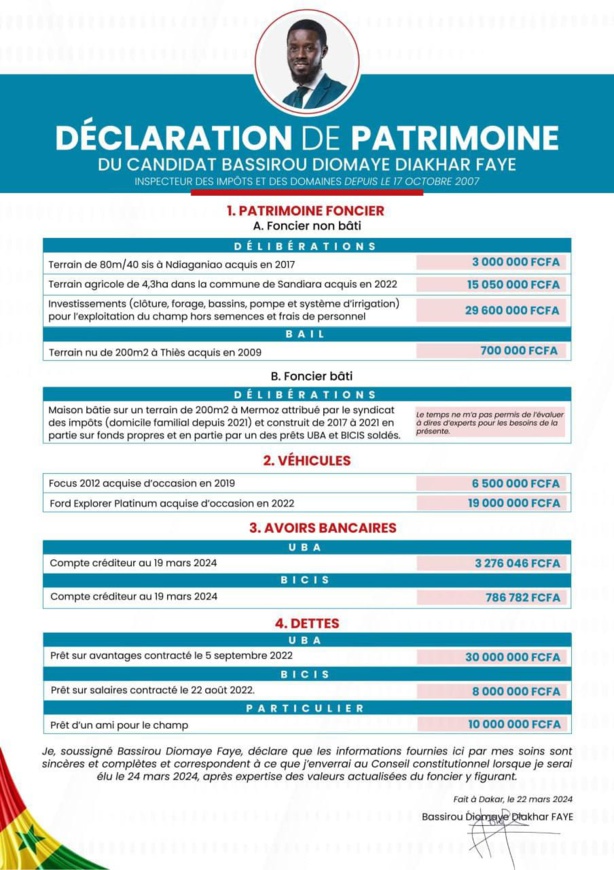 Présidentielle : Voici la déclaration de patrimoine du candidat Diomaye Faye