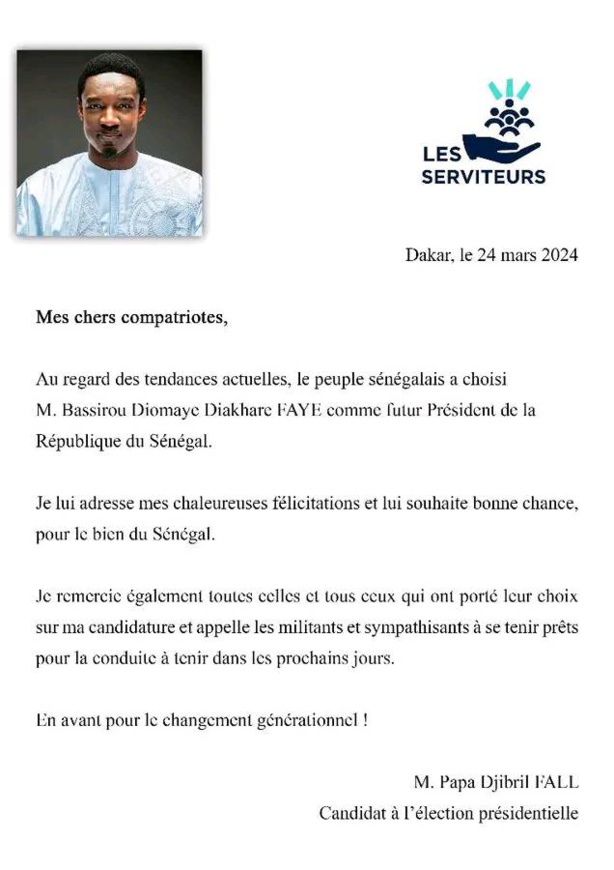 Présidentielle : Pape Djibril Fall félicite Diomaye Faye Présidentielle : Pape Djibril Fall félicite Diomaye Faye