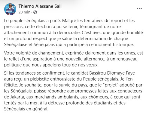 Thierno Alassane Sall félicite Diomaye : "Le peuple sénégalais a parlé"