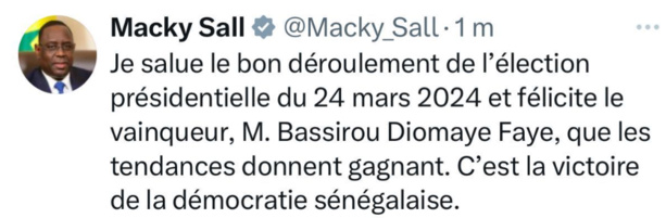 Macky Sall : "Je félicite M. Bassirou Diomaye Faye, que les tendances donnent gagnant" Macky Sall : "Je félicite M. Bassirou Diomaye Faye, que les tendances donnent gagnant"