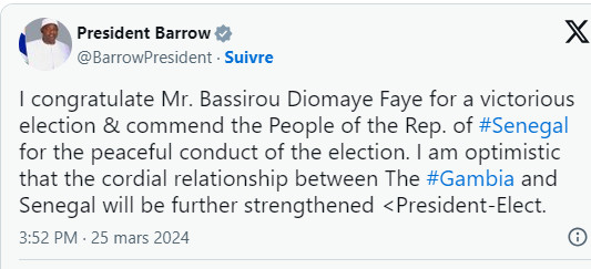 Adama Barrow félicite Diomaye Faye