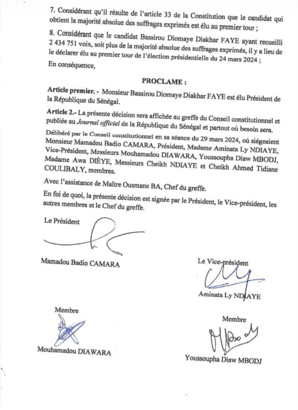 Le Conseil constitutionnel officialise BDF Président de la République du Sénégal