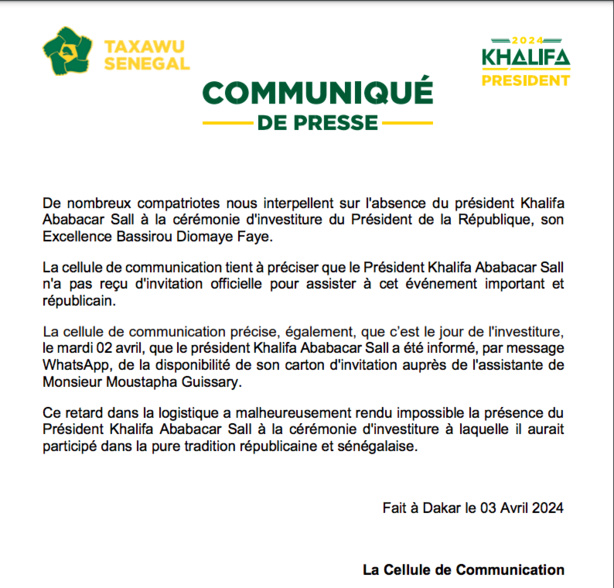 Absence de Khalifa à l'investiture de Diomaye : les précisions de Taxawu Senegal