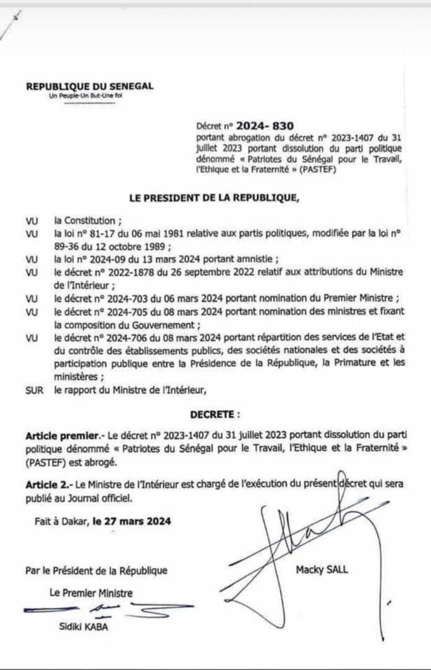 DISSOLUTION PASTEF  : Macky avait signé le décret de réhabilitation avant de partir