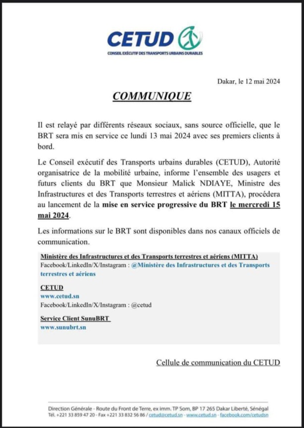 Mise en service progressive du BRT à partir du 15 MAI Mise en service progressive du BRT à partir du 15 MAI