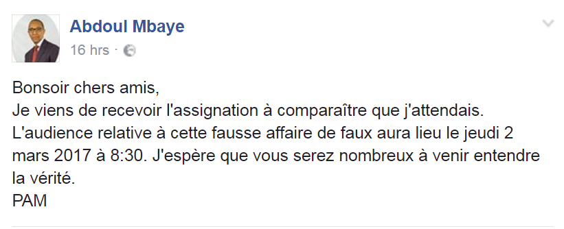 Abdoul Mbaye annonce sur Facebook le procès l'opposant à son ex-femme 