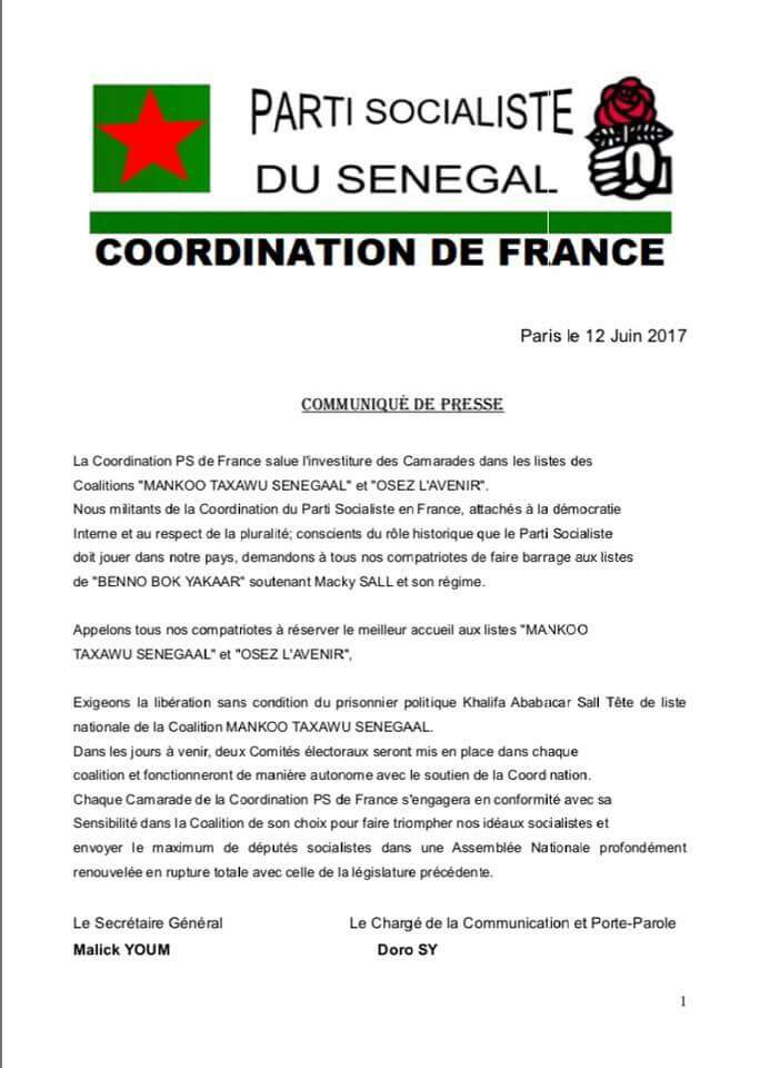 La coordination PS /France appelle au boycott de la liste Benno Bokk Yakaar