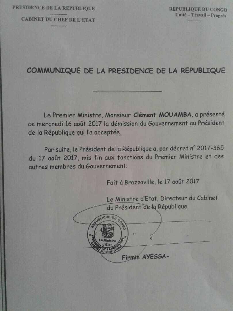 Congo-Brazzaville : le Premier ministre Clément Mouamba a démissionné