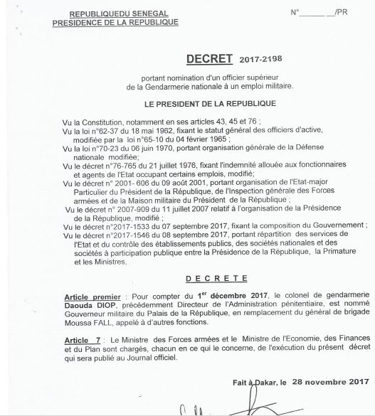 Le colonel Daouda Diop, proche de Oumar Youm, fait son entrée au Palais