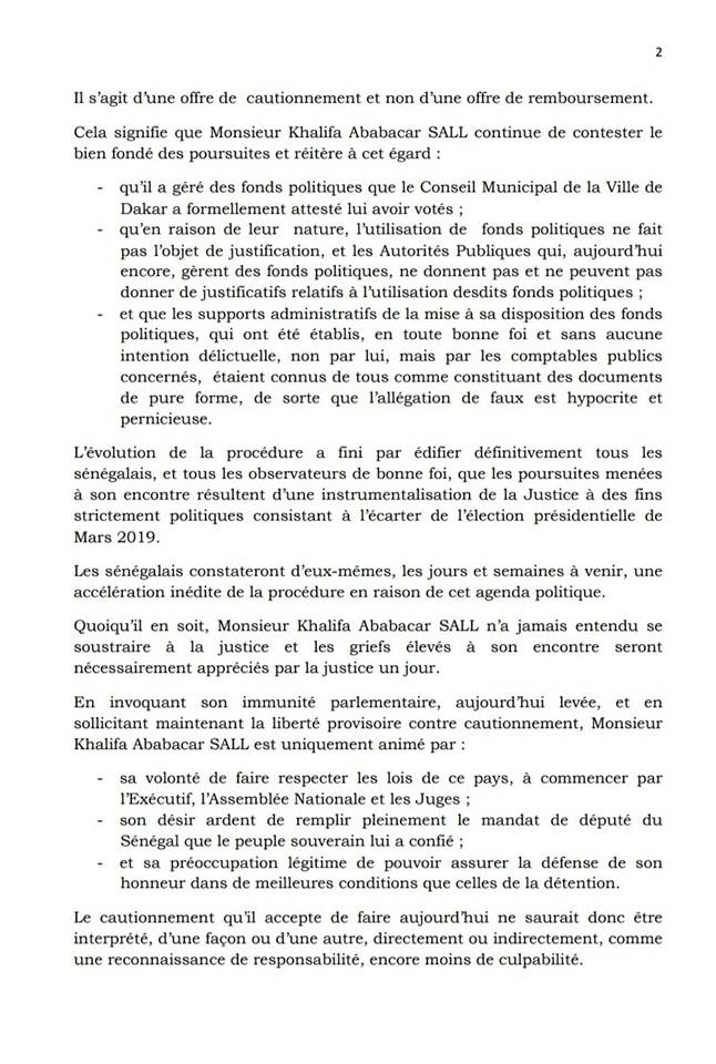 Khalifa Sall : «C’est un cautionnement et non une reconnaissance de responsabilité encore moins de culpabilité»