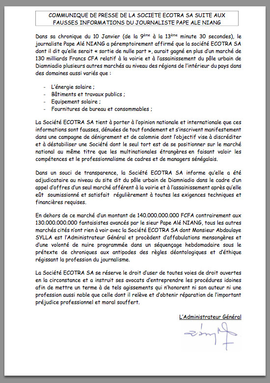 Abdoulaye Sylla, PDG de Ecotra, porte plainte contre Pape Alé Niang