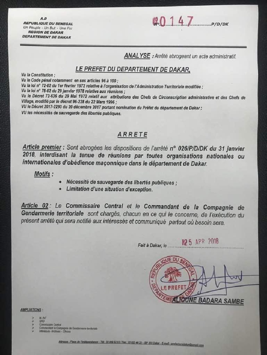 La préfecture de Dakar autorise les réunions des francs-maçons