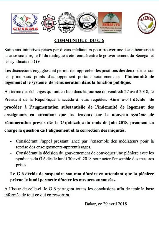Décrispation scolaire : Le G-6 lève le mot d'ordre après une nouvelle augmentation de l'indemnité de logement