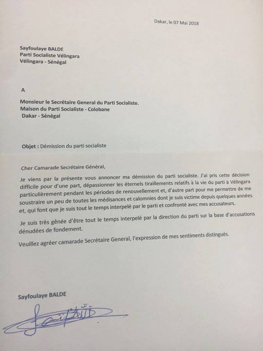 Sayfoulaye Baldé, responsable socialiste à Vélingara, démissionne du parti dirigé par Tanor Dieng