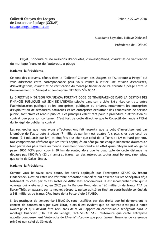 Enquête sur l’Autoroute à péage : Le Collectif citoyen des usagers saisit l’OFNAC (Document)