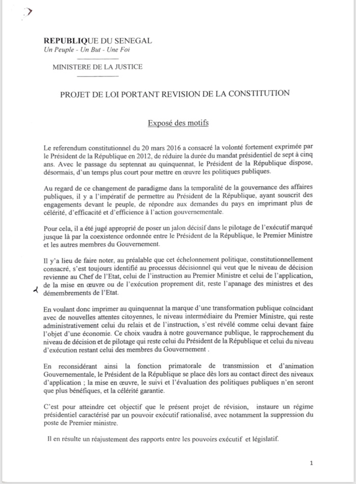 Suppression du poste de Premier ministre : Projet de loi portant révision de la Constitution au Sénégal