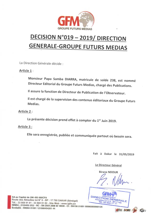 Remaniement à Futurs Médias : Pape Samba Diarra remplace Alioune Badara Fall à l'Observateur