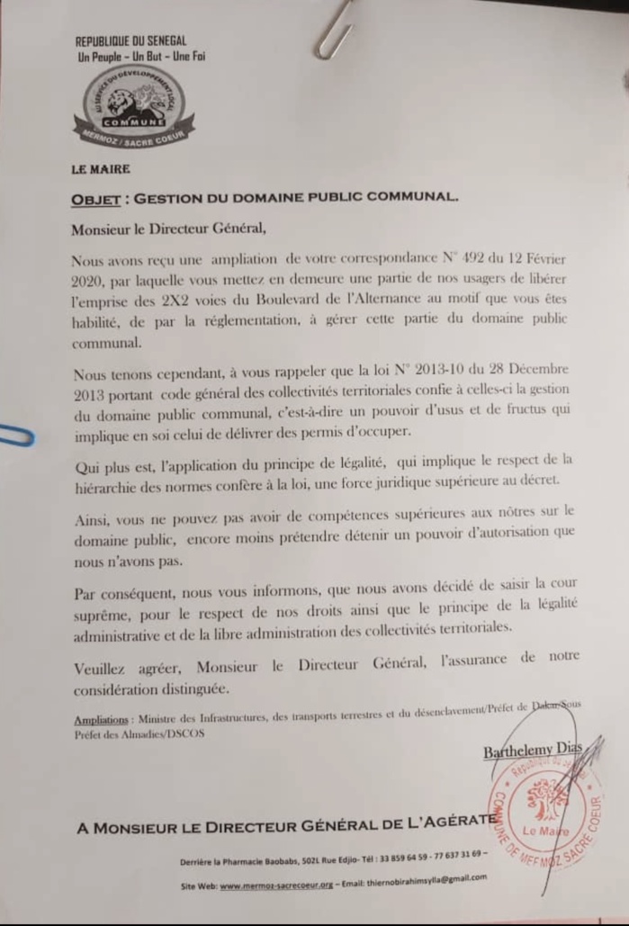 Le maire Barthélémy Dias traîne l'Ageroute devant la cour suprême. (Document)