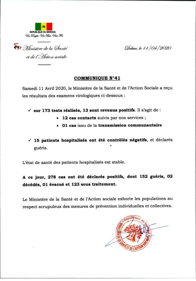 Résultats des examens virologiques du 11 avril 2020