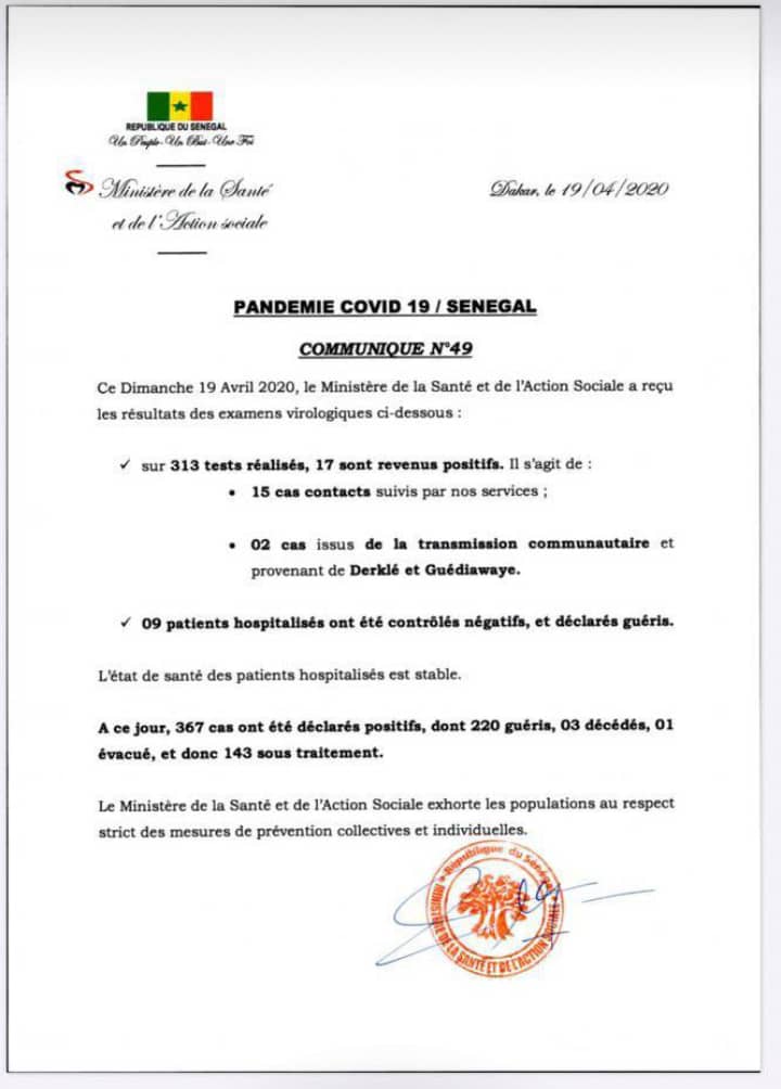 Résultats des examens virologiques du dimanche 20 avril : 17 nouveaux cas positifs dont 15 contacts et deux transmissions communautaires