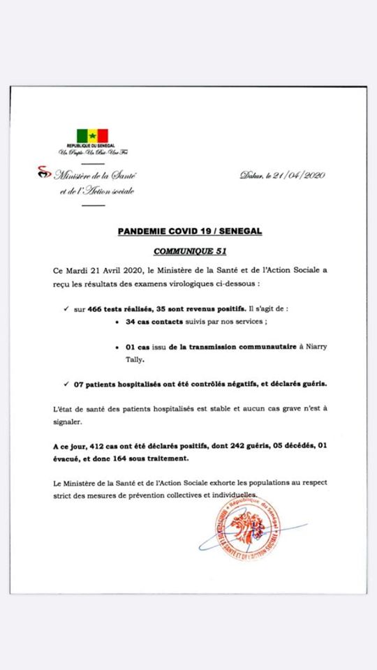 Résultats des examens virologiques du mardi 21 avril : 35 nouveaux cas positifs dont 34 contacts et 1 transmission communautaire