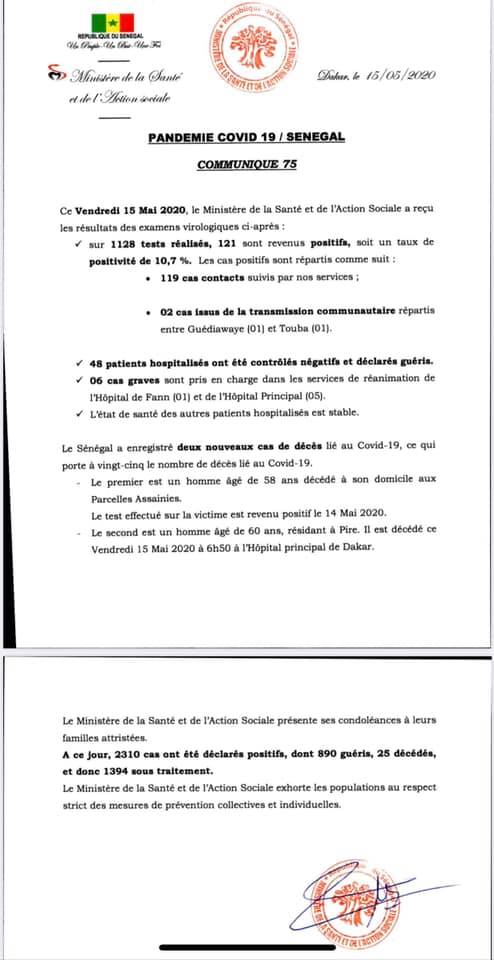 Covid-19 : 2 nouveaux décès, 121 nouveaux cas ce vendredi 15 mai