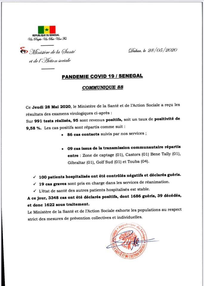 Résultats des examens virologiques du jeudi 28 mai : 95 positifs, 100 guéris, 19 cas en réanimation