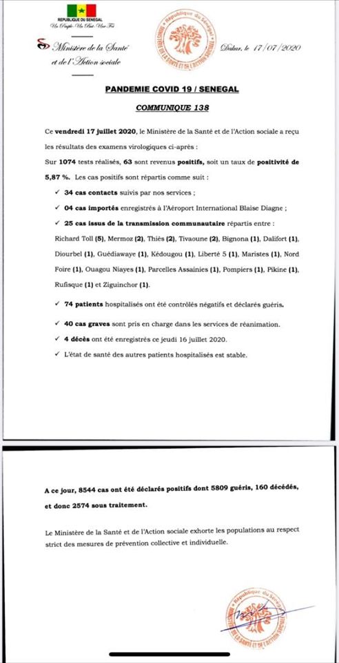 Covid-19 de ce vendredi 17 juillet : 4 décès supplémentaires, 63 nouvelles contaminations contre 74 guéris