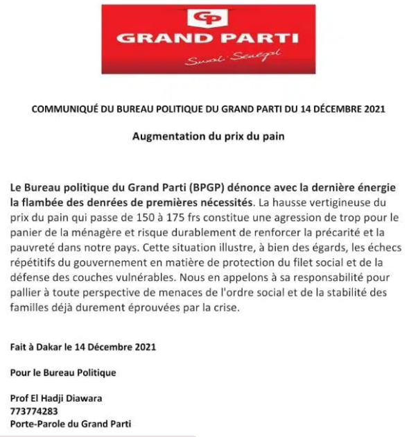 Hausse du prix du pain : Le Grand parti dénonce " une agression de trop " 