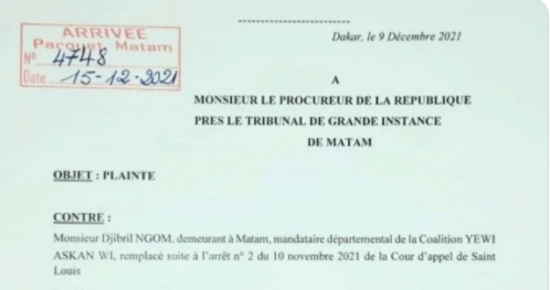 Plainte contre Djibril Ngom : Yewwi Askan Wi passe à l'acte (Document)