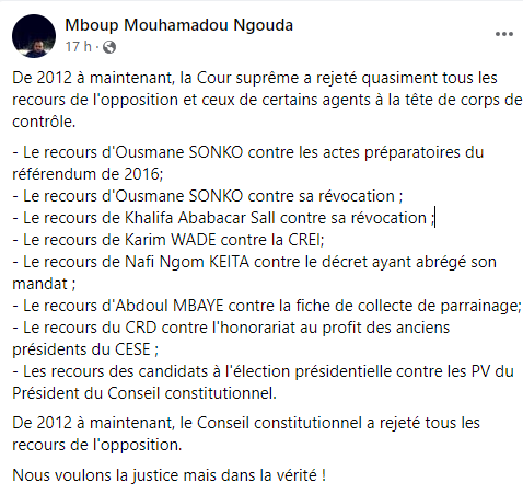 « De 2012 à maintenant, la Cour suprême a rejeté quasiment tous les recours de l'opposition » (Mouhamadou Ngouda Mboup)