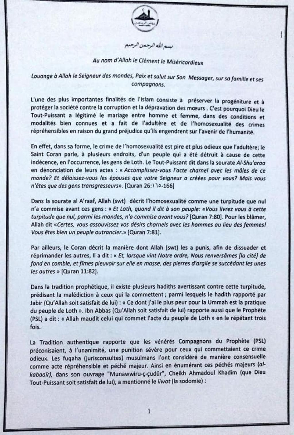 Homosexualité : Les recommandations du Khalif général des Mourides