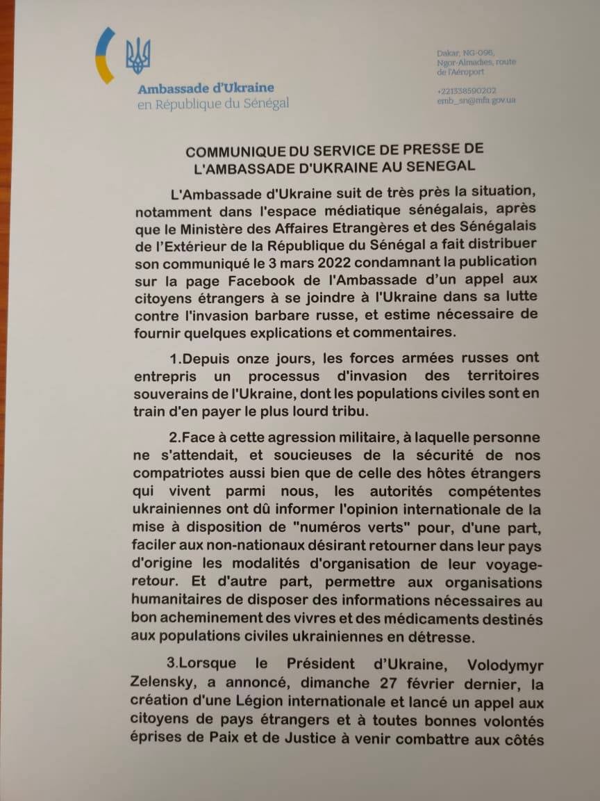 Recrutement de volontaire : « Un appel légitime du gouvernement ukrainien » selon l’ambassade de l’Ukraine au Sénégal