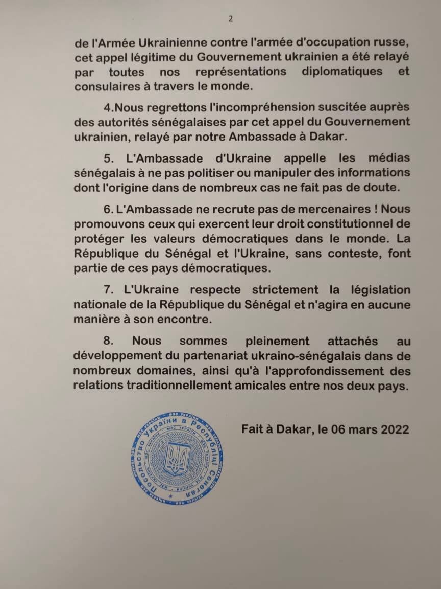 Recrutement de volontaire : « Un appel légitime du gouvernement ukrainien » selon l’ambassade de l’Ukraine au Sénégal