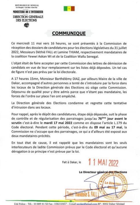 Rejet liste YAW à Dakar : Les précision de la Direction générale des élections
